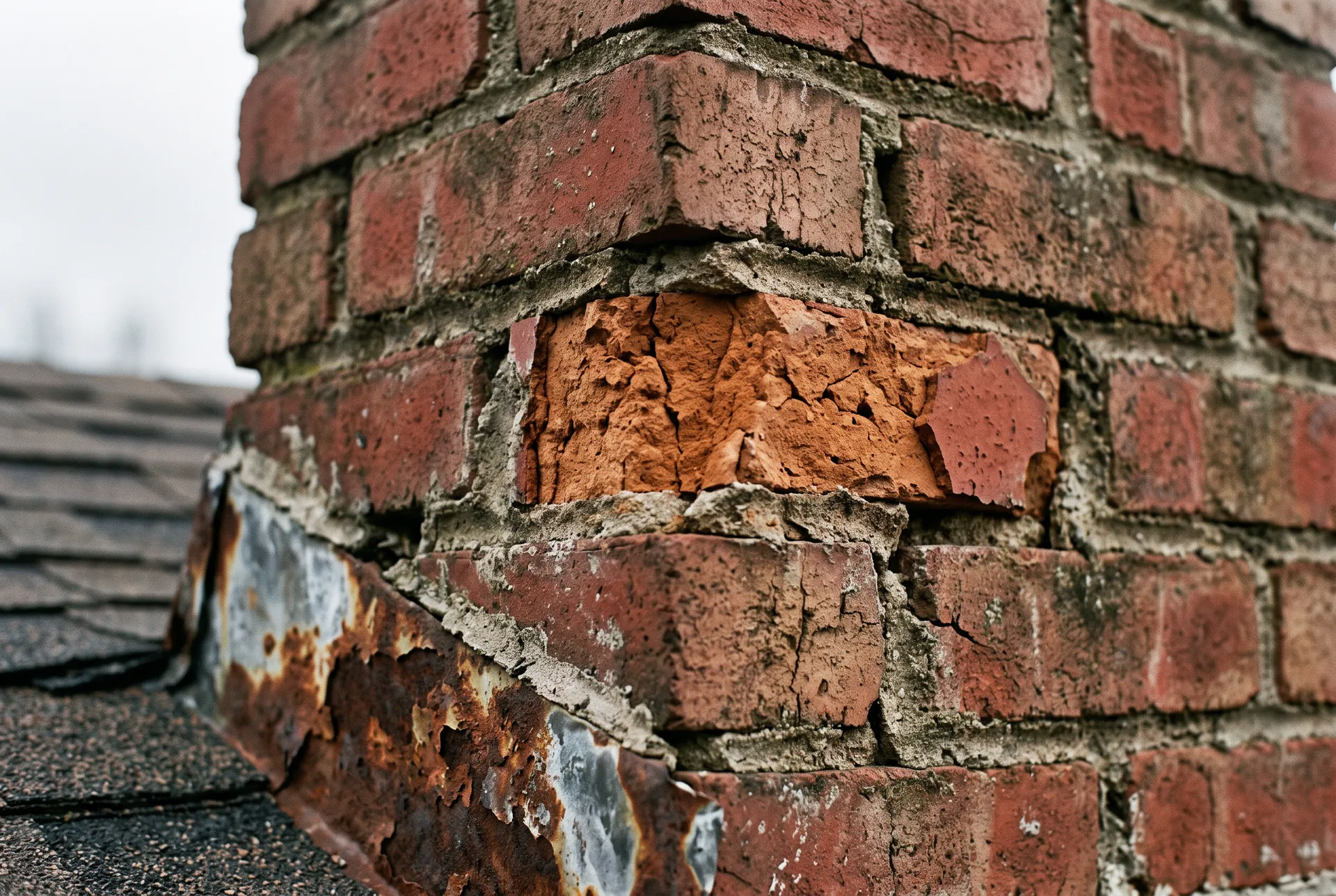 Cracked mortar joints and a spalled brick face on a chimney stack