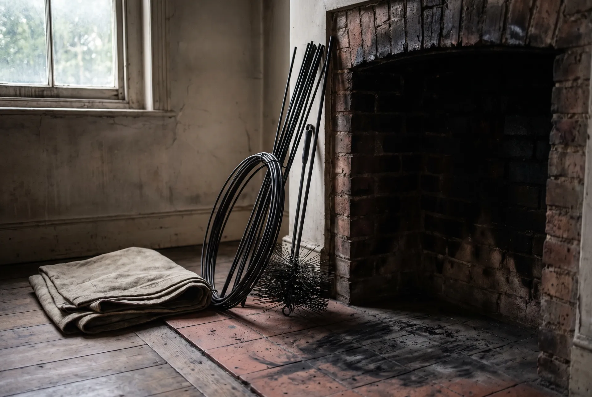 Sweep's rods and a wire brush leaning against a brick firebox with soot on the hearth tiles
