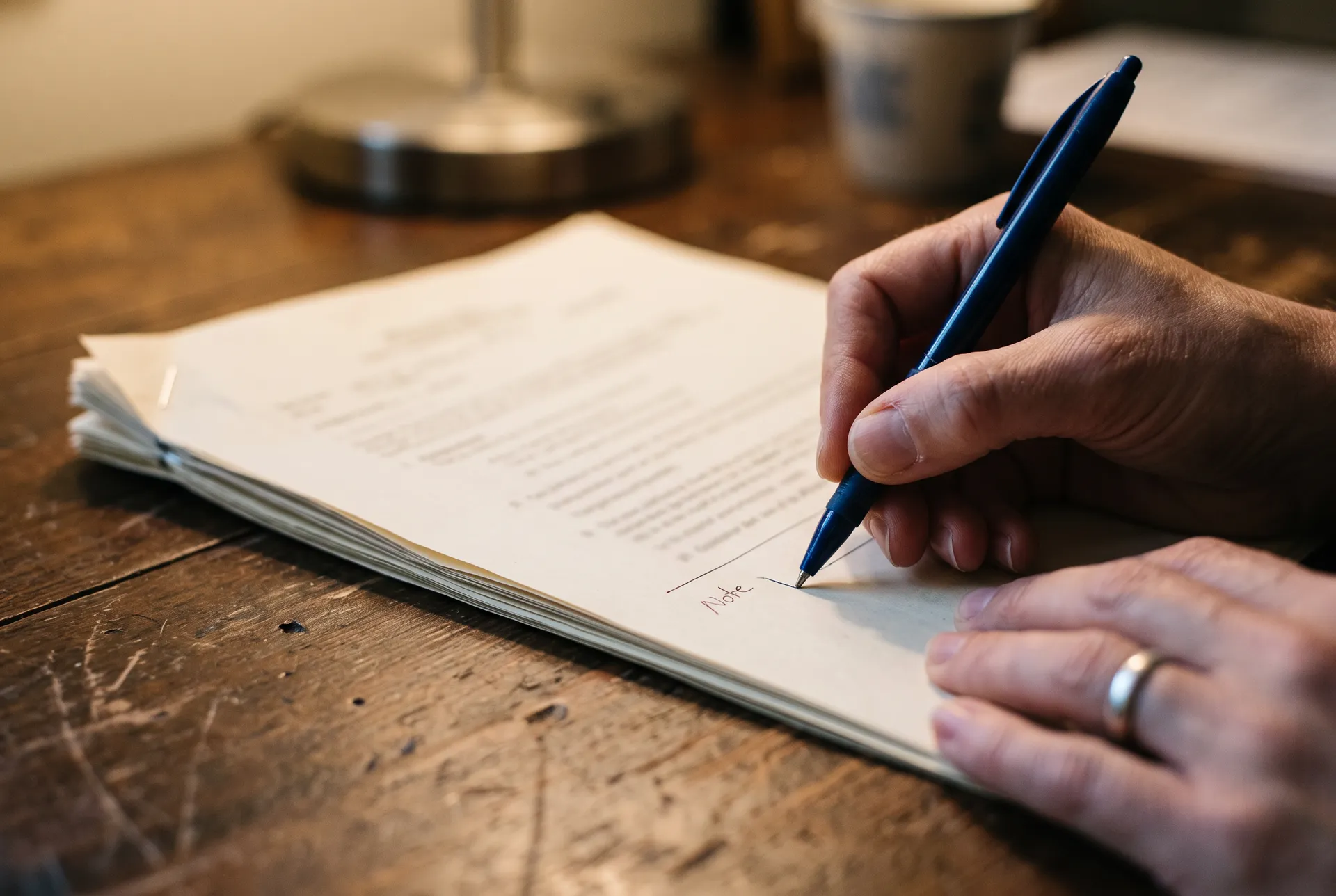 A hand marking up one page of a stapled document with a pen