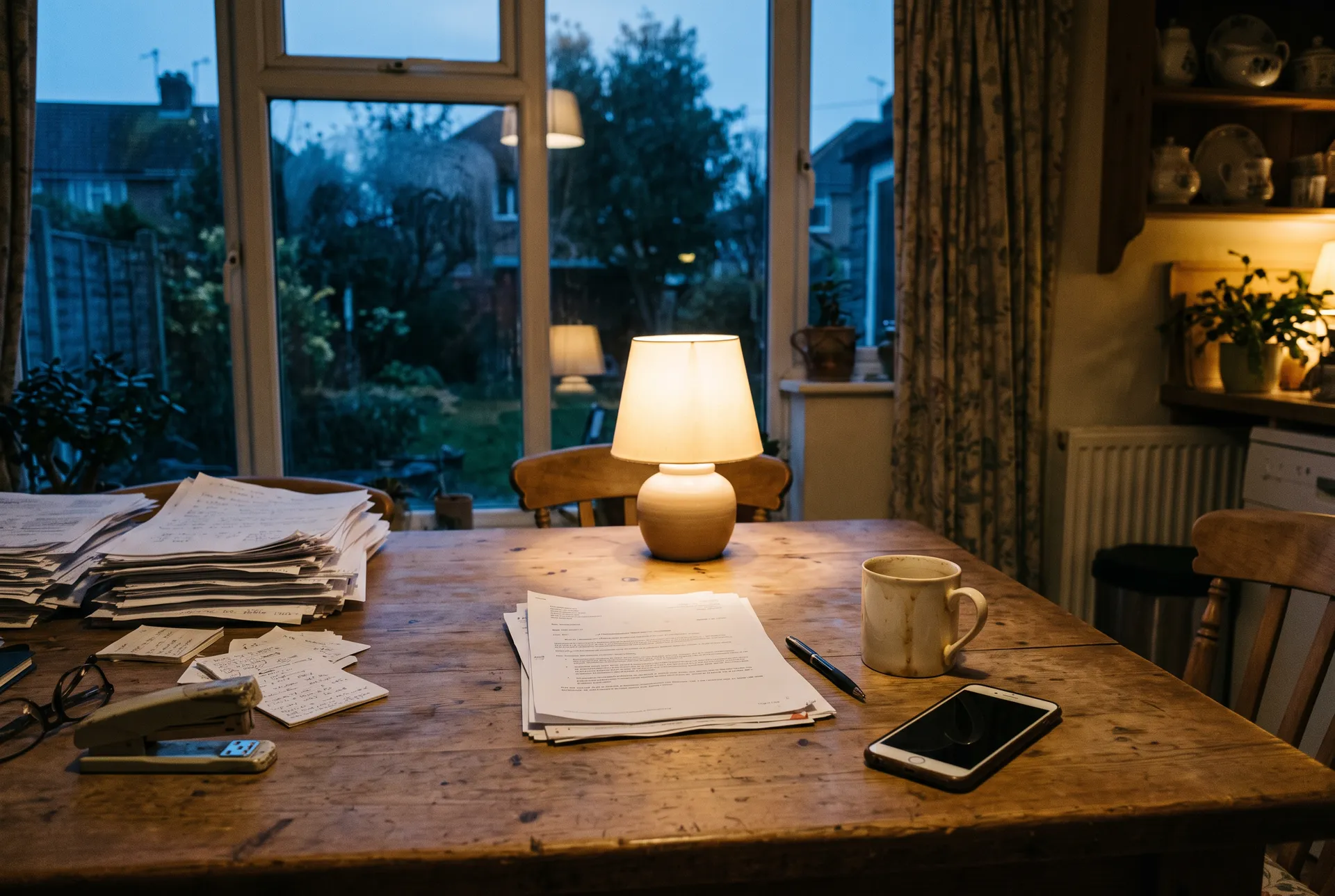 A kitchen table at dusk with two sets of paperwork pushed aside and one left in the middle