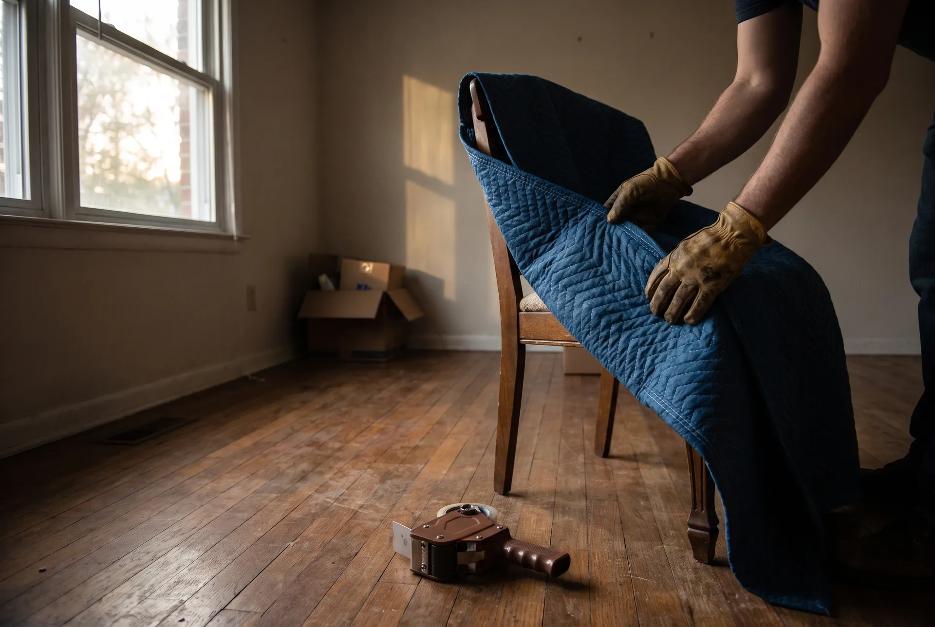 Gloved hands wrapping a wooden dining chair in a quilted moving blanket in an empty room
