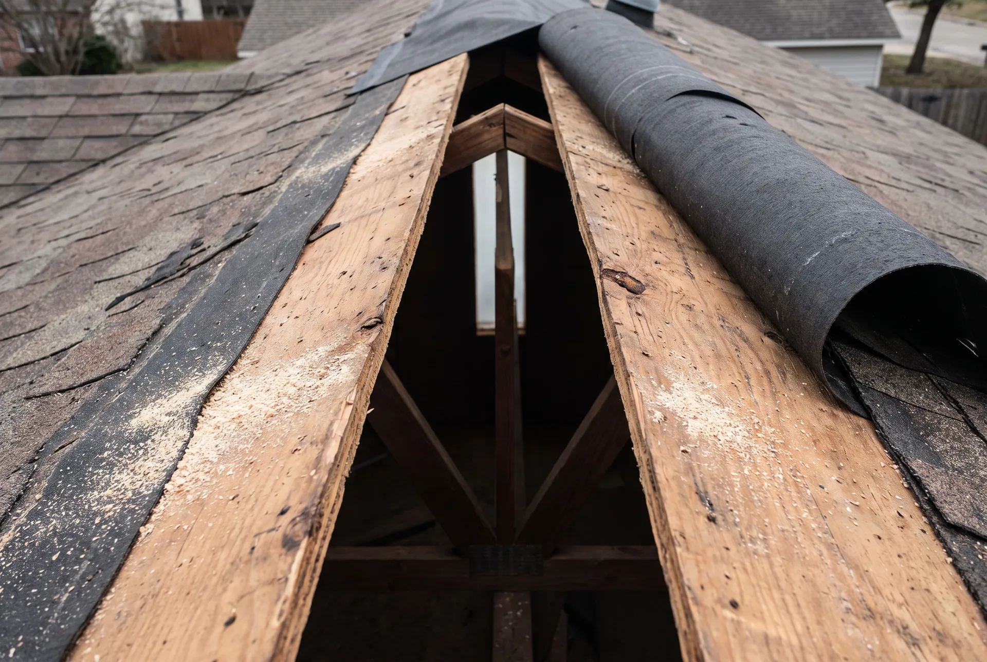 Exposed plywood roof decking with a ridge vent slot cut open and underlayment rolled back