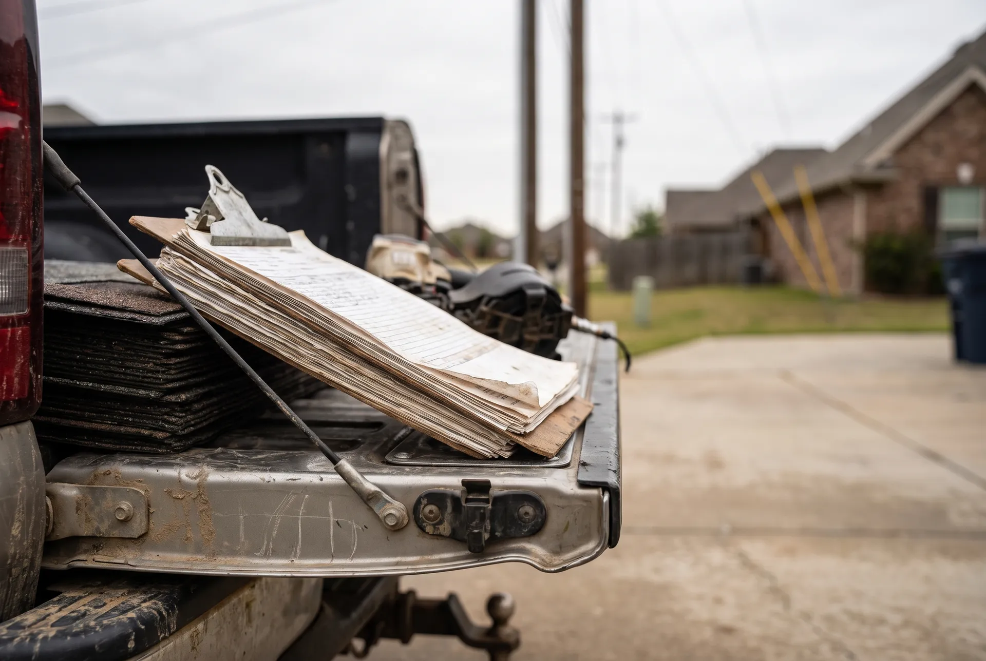 A clipboard of paperwork on a truck tailgate beside a coil roofing nailer