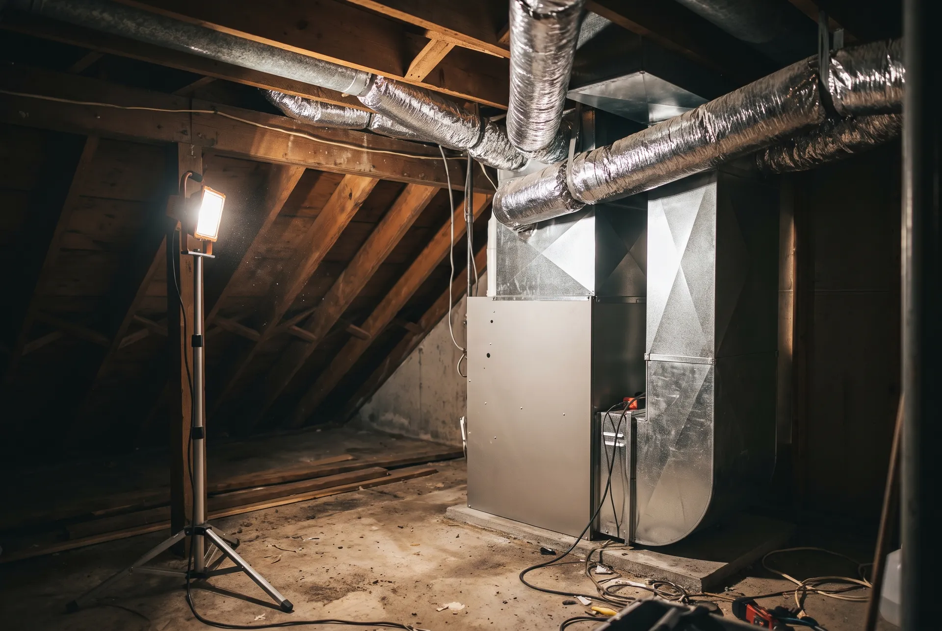 A newly installed furnace and coil in an unfinished basement with sheet metal plenum and flexible duct above