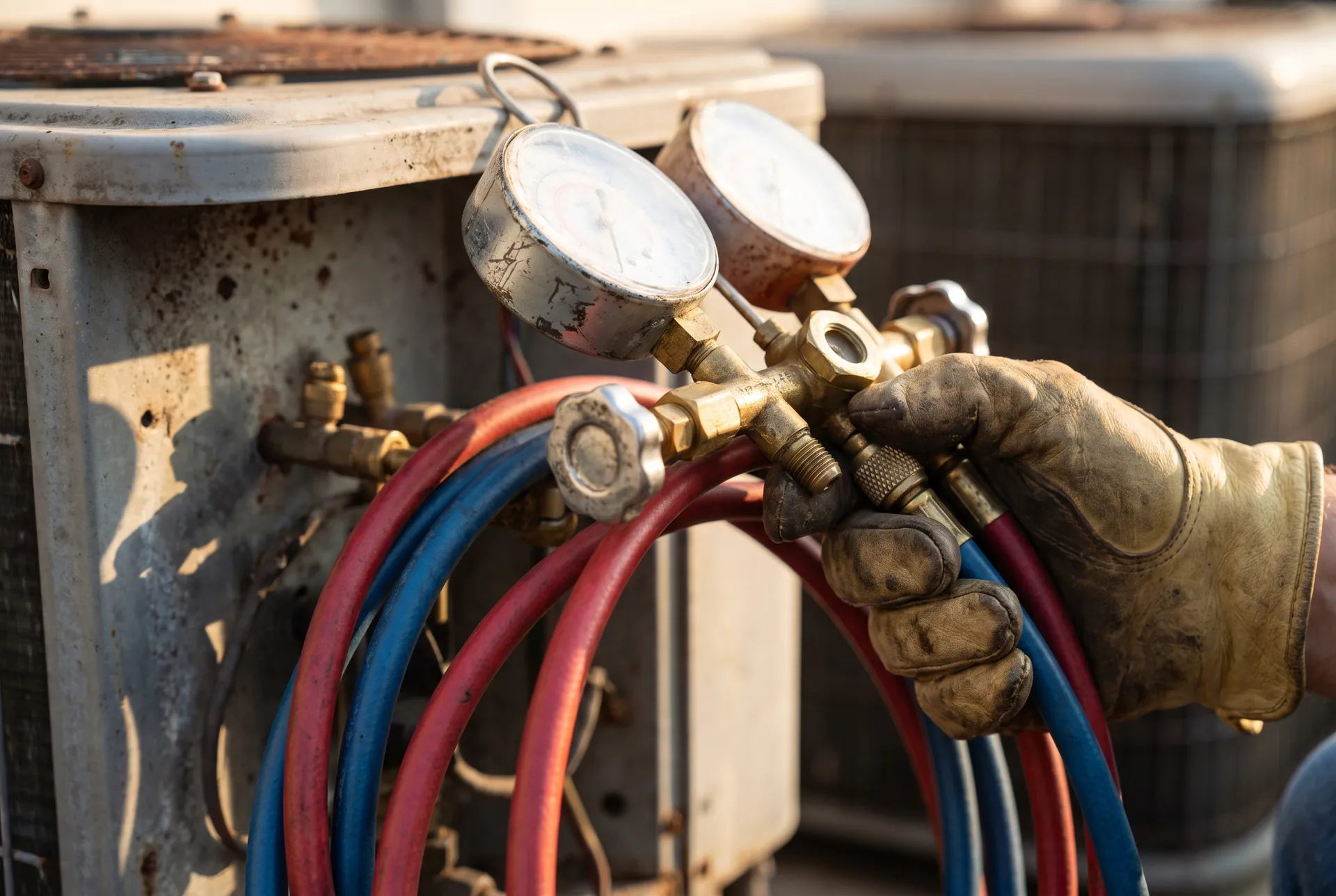 A gloved hand holding manifold gauges connected to the service ports of a condenser unit