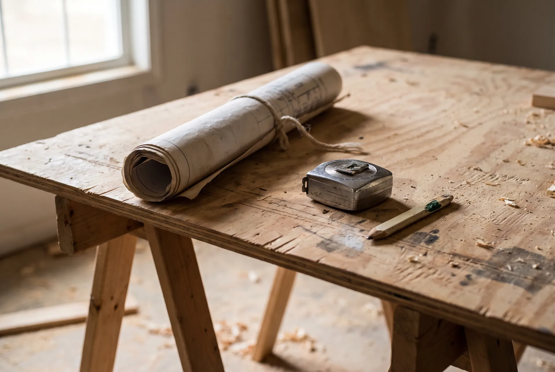 Rolled drawings, a tape measure and a pencil on a plywood work surface over sawhorses
