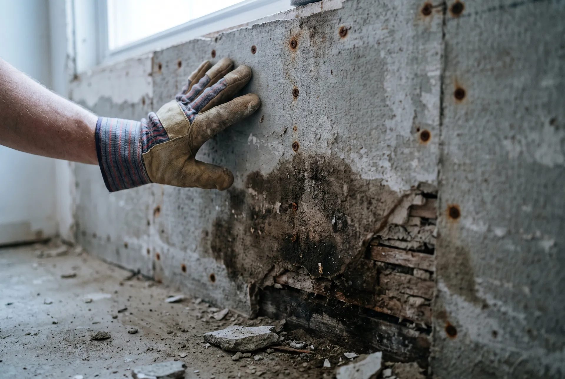 A gloved hand against a stripped bathroom wall showing cement backer board and a patch of damaged substrate