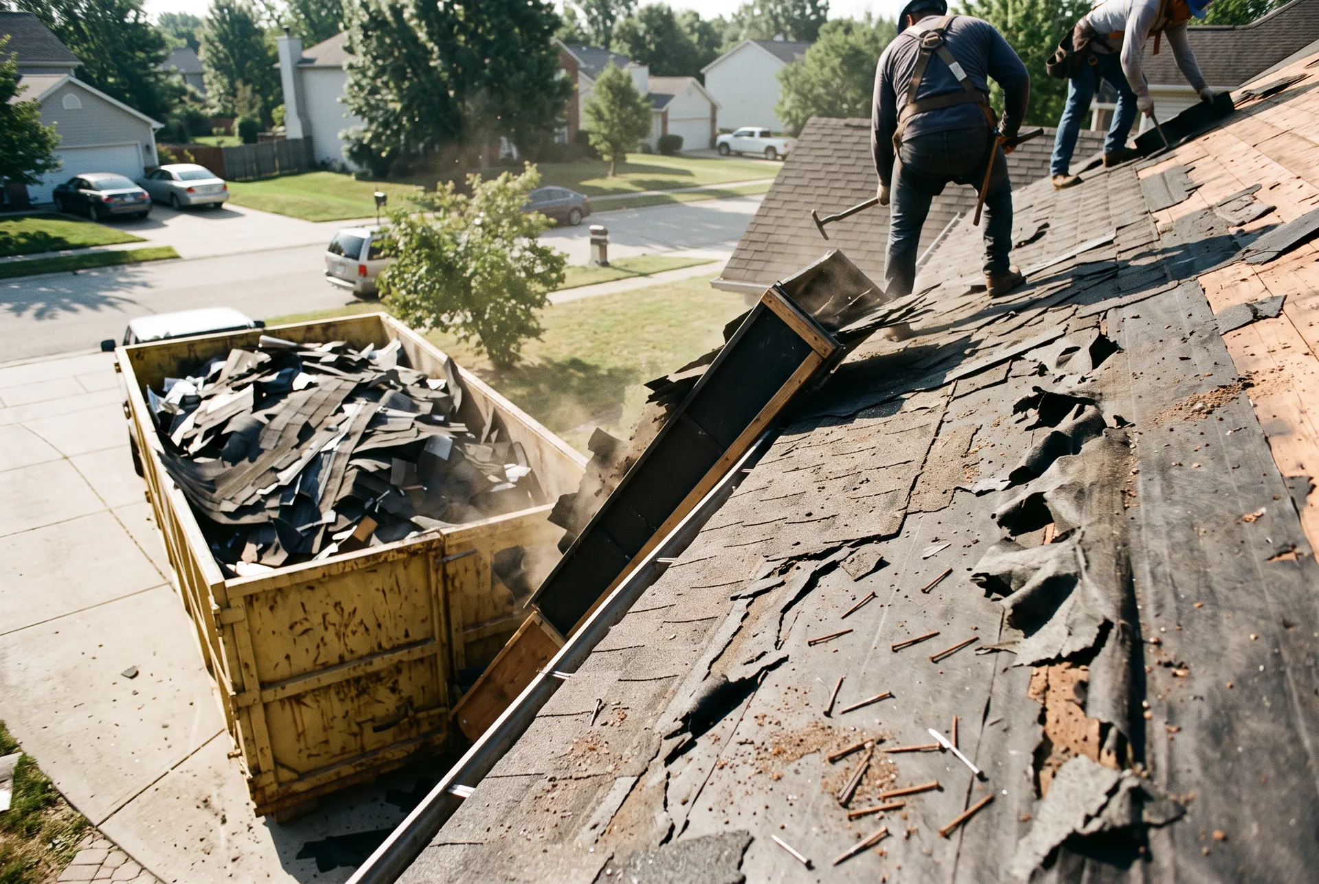 Old shingles sliding down a debris chute into a skip during a roof tear-off