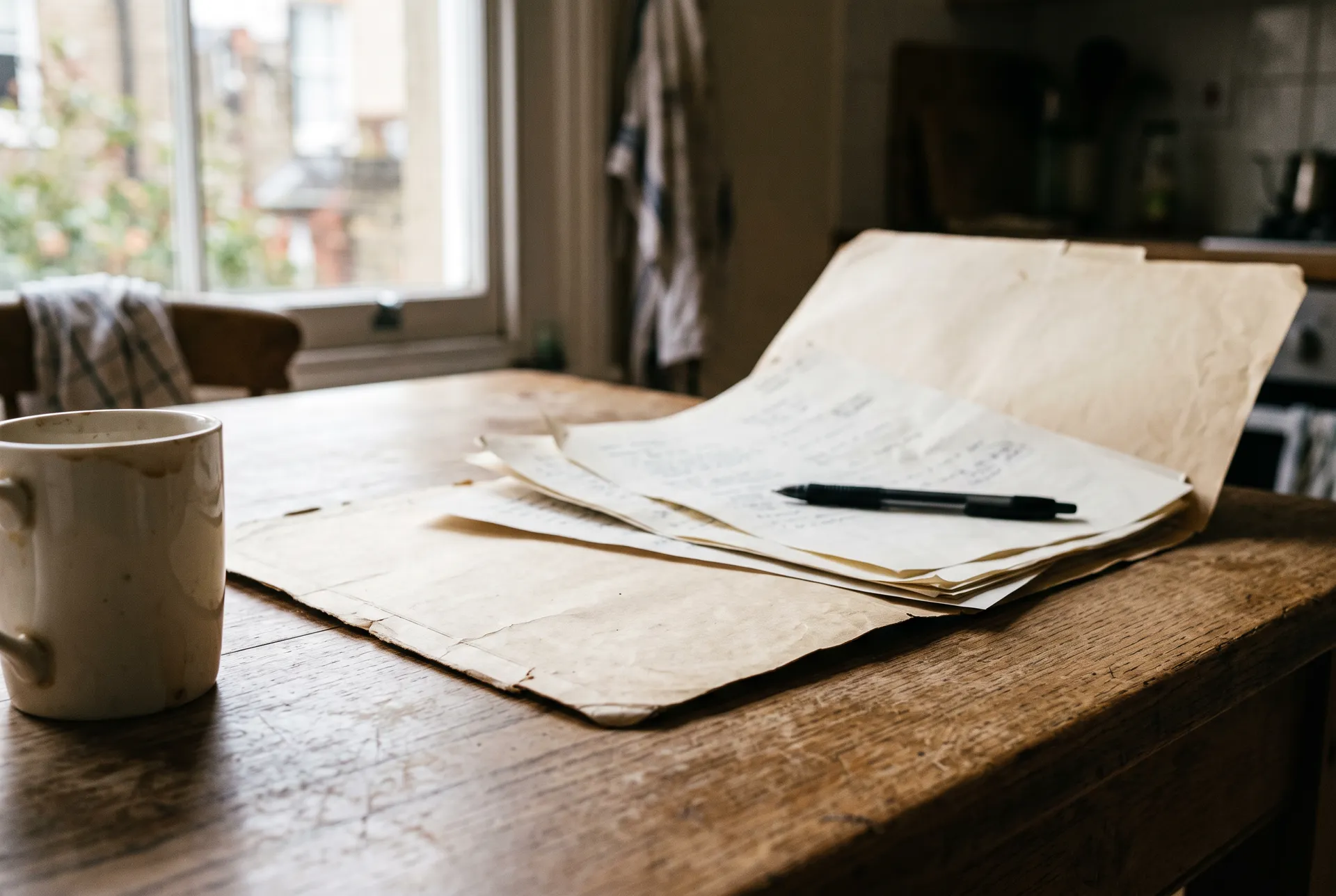 A manila folder of papers fanned open on a kitchen table with a pen across them
