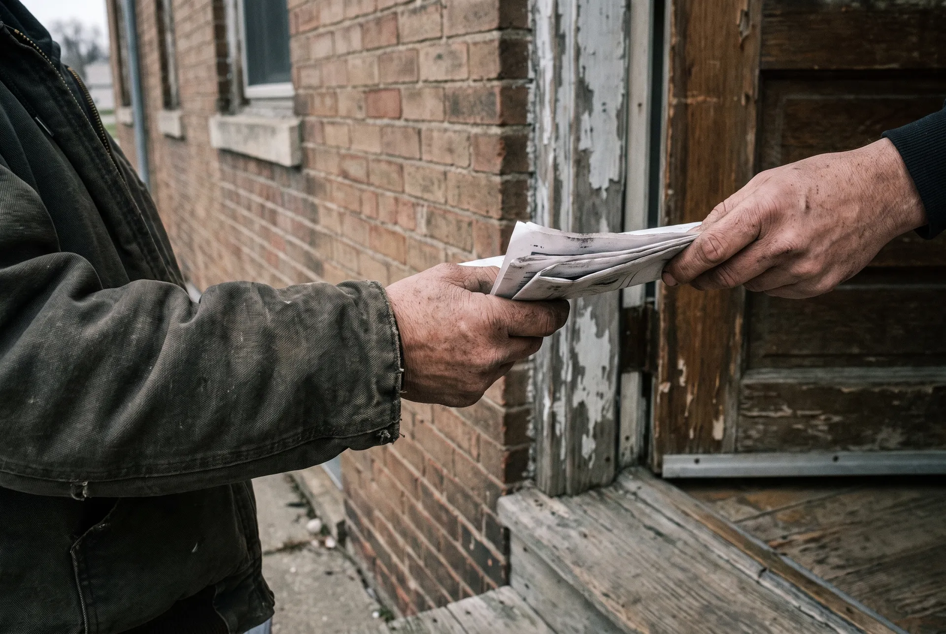 One person passing a folded set of papers to another at a doorstep, hands only